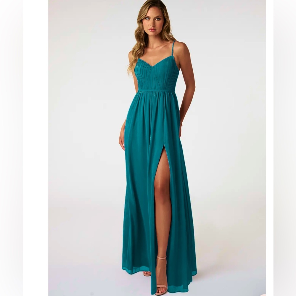 Elegant Peacock Teal Azazie Bridesmaid Evening Gown with Slit